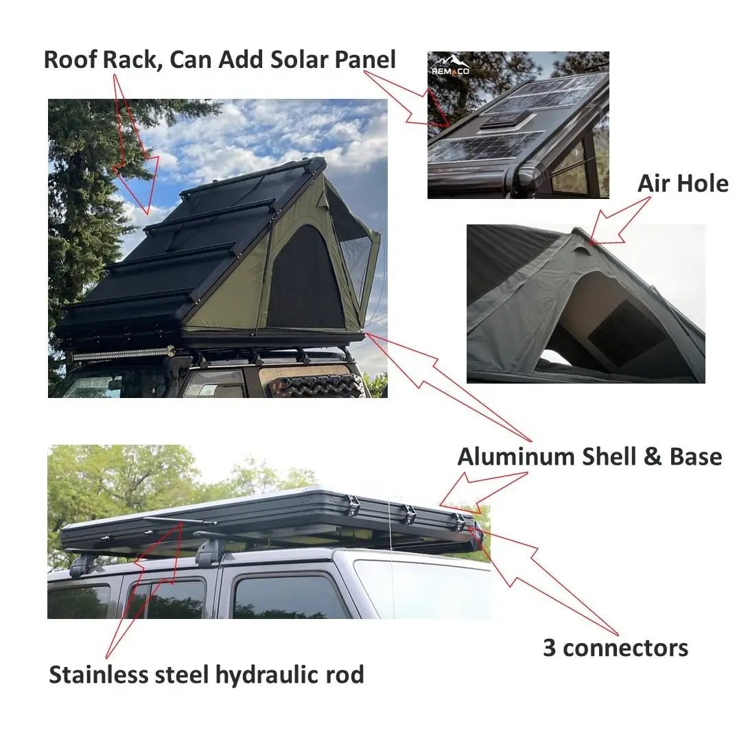 Aluminium Camping OEM  Suv Top Roof Car 4 Person Triangle Hard Shell Rooftop Tent Clamshell Black Gray Hard Shell Roof Top Tent