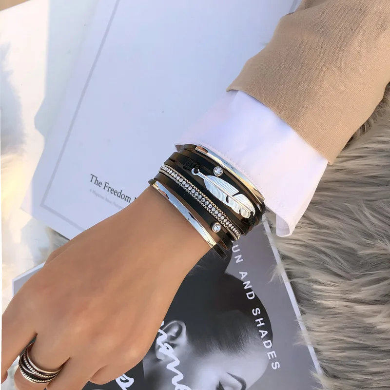 CLARMER Bohemian leather bracelet ethnic style braided feather wide brim bracelet custom snap bracelet for woman