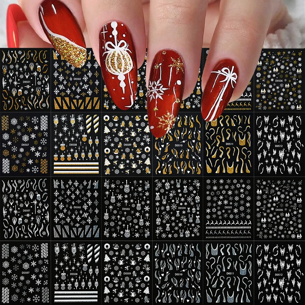 3D Christmas Nail Stickers 10*8cm Snowflake Flowers Pattern Nail Art Decals Laser Silver Gold Xmas Winter Sliders Nail Decals