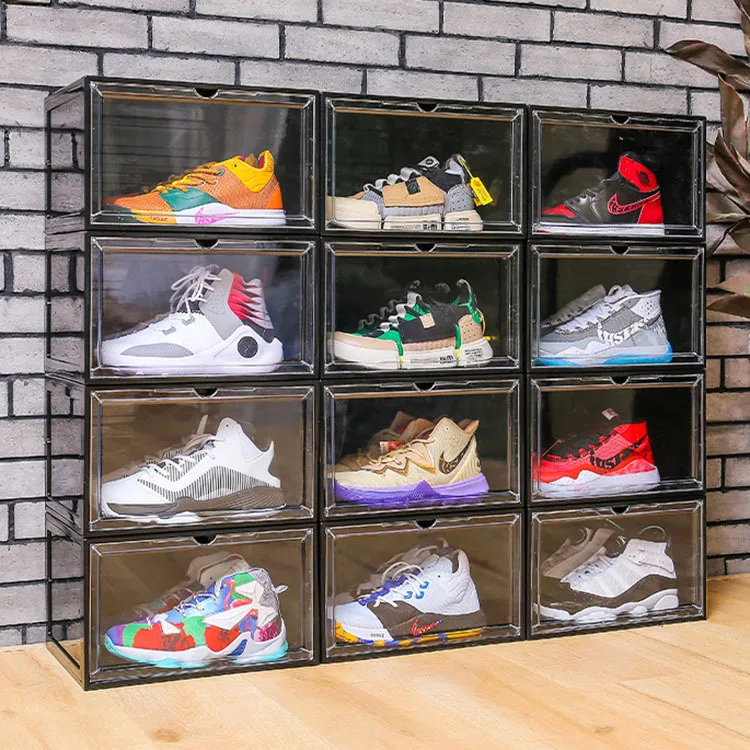High quality dustproof shoe box storage magnetic front drop nike shoes storage box plastic shoe storage box