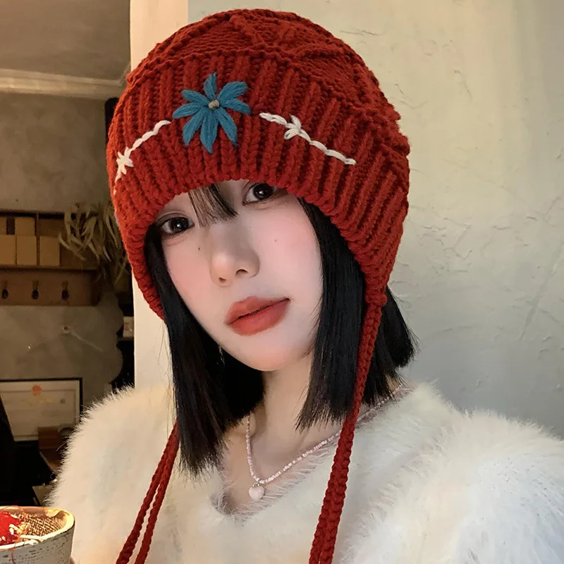 Crochet Flowers Plain Ear Protection Warm Thicken Knitted Autumn Winter Outdoor Beanies Hat With Custom Logo