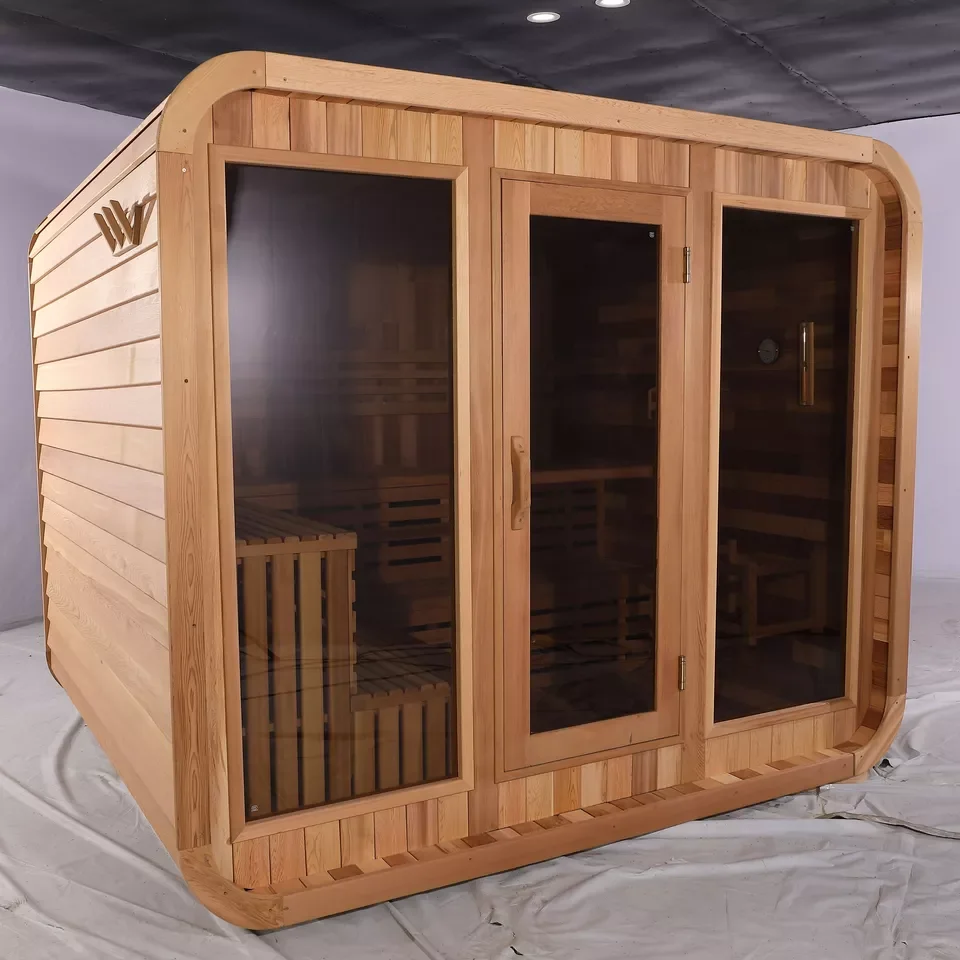 New design 4-6 person outdoor Wet Steam sauna room with Harvia sauna stove and Tempered Glass Door