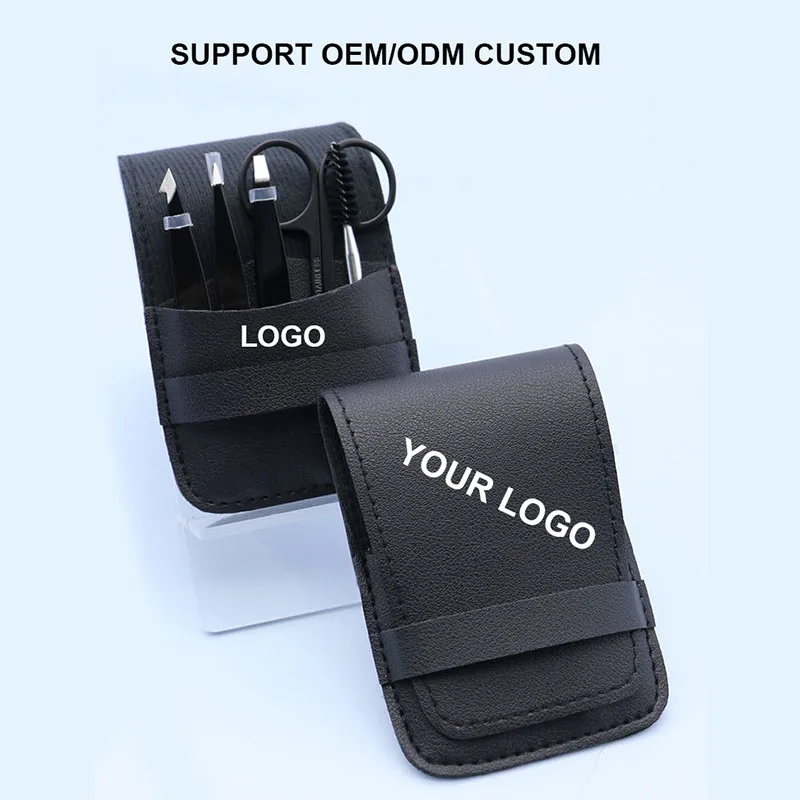 Hot Sale Eyebrow Trimmer Tweezers Set Curved Brow Scissors With Black PU Travel Case Eyelash Tweezer Kit