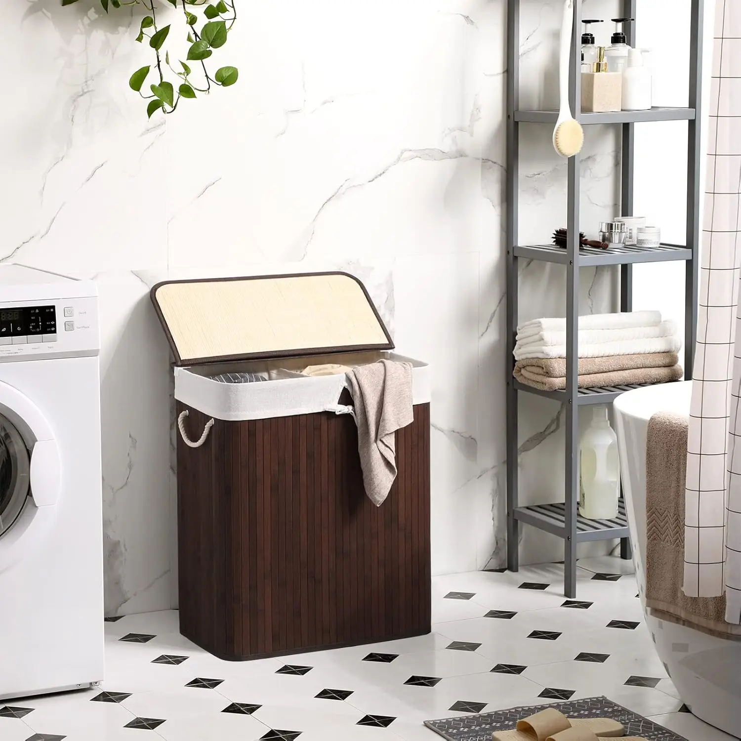 KUYUE Laundry Hamper, 2-Section Laundry Basket, Laundry Hamper with Lid, Bamboo, Foldable, Removable and Machine Washable Liner