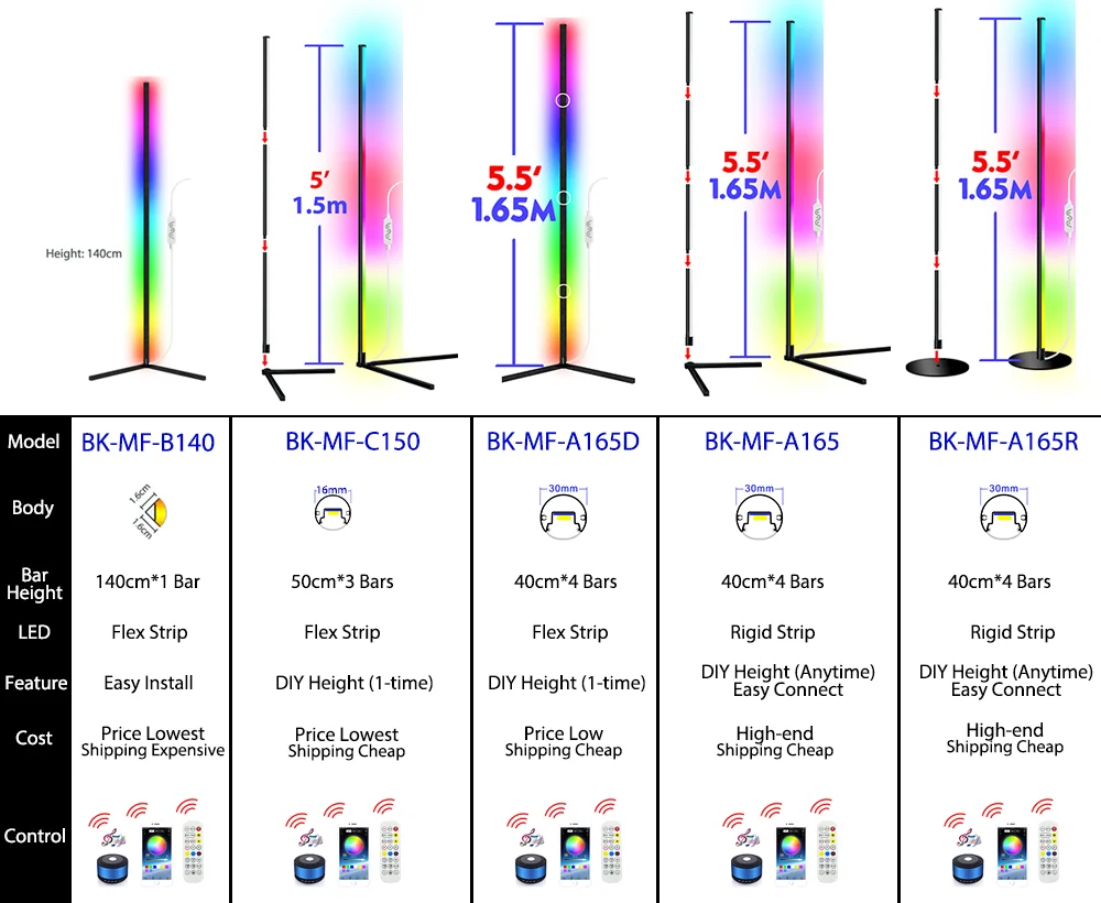 BOKUN 150cm High Quality Remote Control Modern Music Rhythm Light Stand Rgb Corner Light Led Floor Lamps