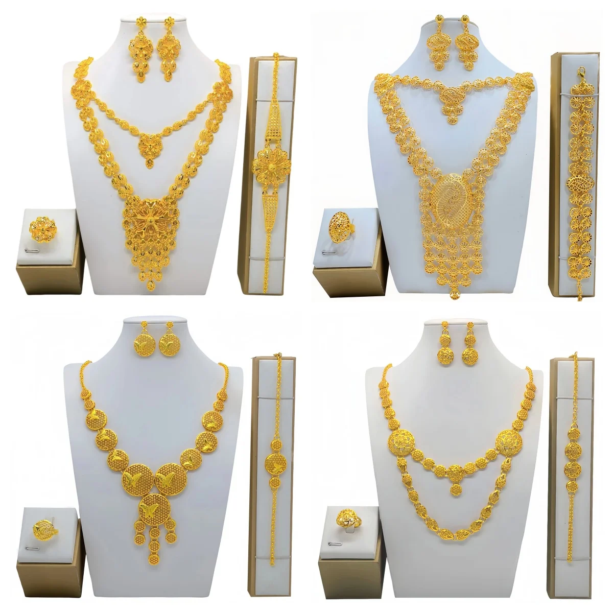 Ready To Ship African Nigeria Hollow Flower Necklace Bracelet Jewelry Set  Gold Plated Wedding Rings For Indian Bride