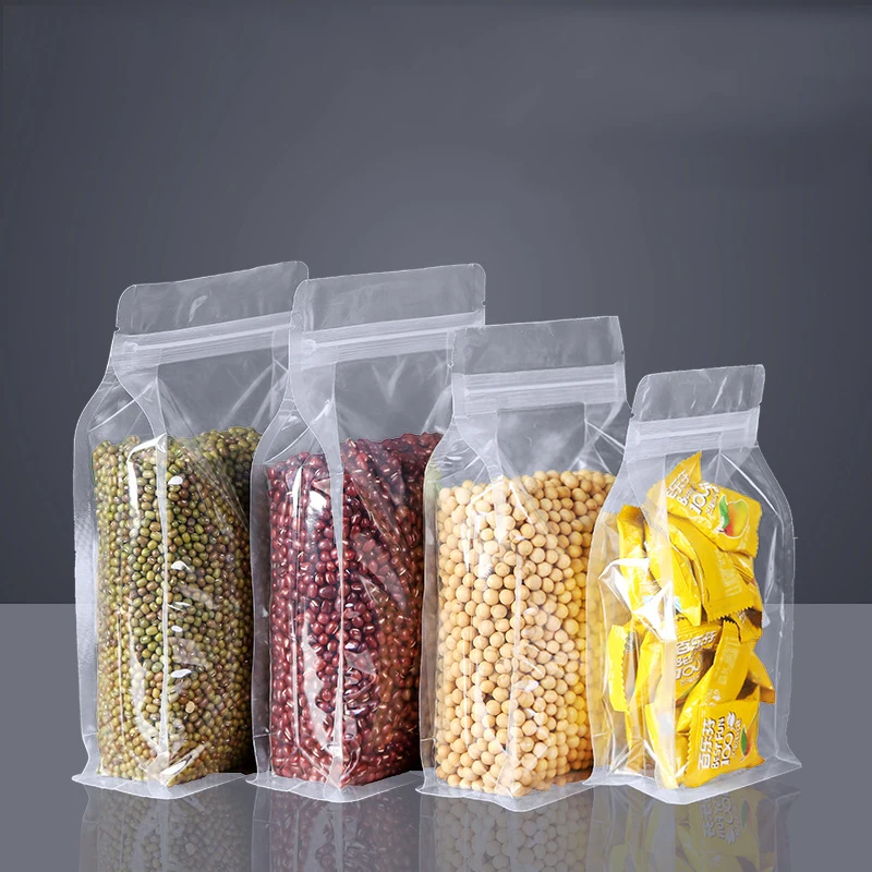  food grade eight side sealed transparent clear square flat bottom stand up zipper quad