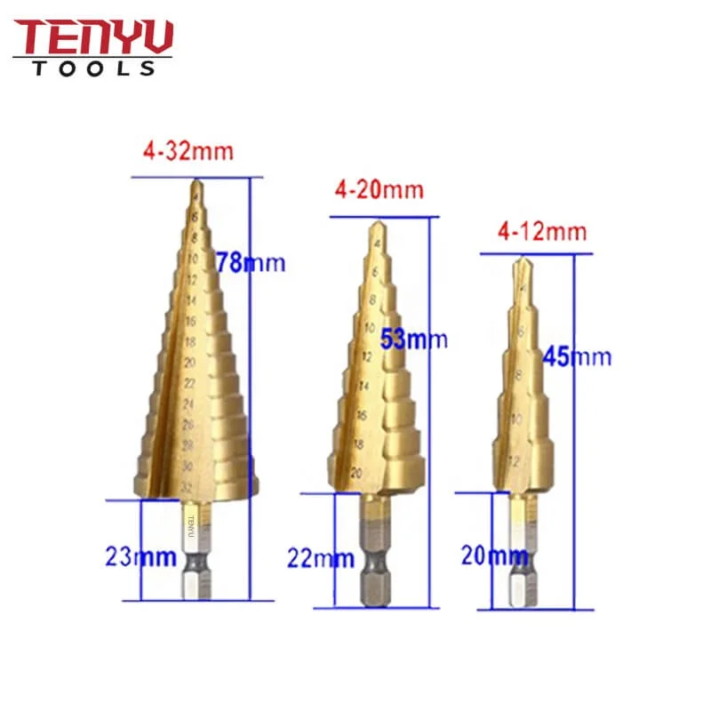 3pcs Jiangsu Danyang Manufactory Spiral Tungsten Carbide Titanium Step Drill Bit Hss Stepped Cone Drill Bits Set