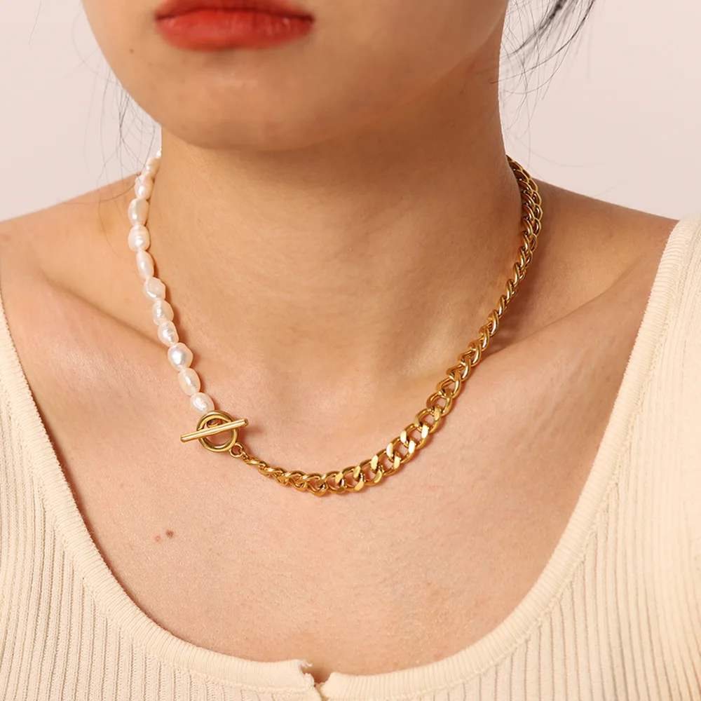 Casual Pearl OT Buckle 18K Gold Plated Necklace Stainless Steel Half Cuban Chain Half Freshwater Pearl Connected Necklace