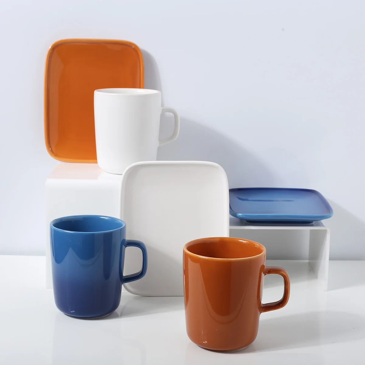 Wholesale Nordic Mug White Brown Blue Colors Ceramic Mugs Coffee Cup And Plate Set