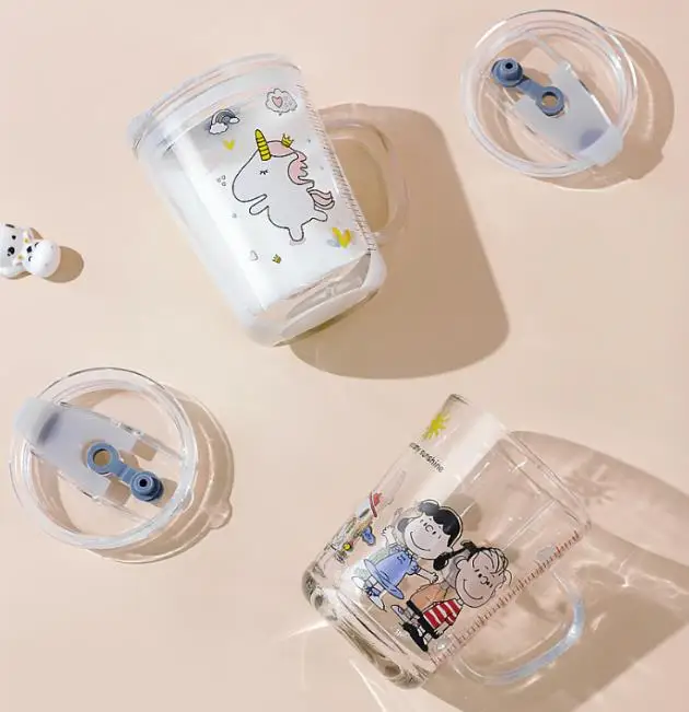 Cute Breakfast Milk Powder Cup With Scale Cartoon Glass Mug With Lid Handle Measuring Pipette Kid Milk Cup Microwaveab