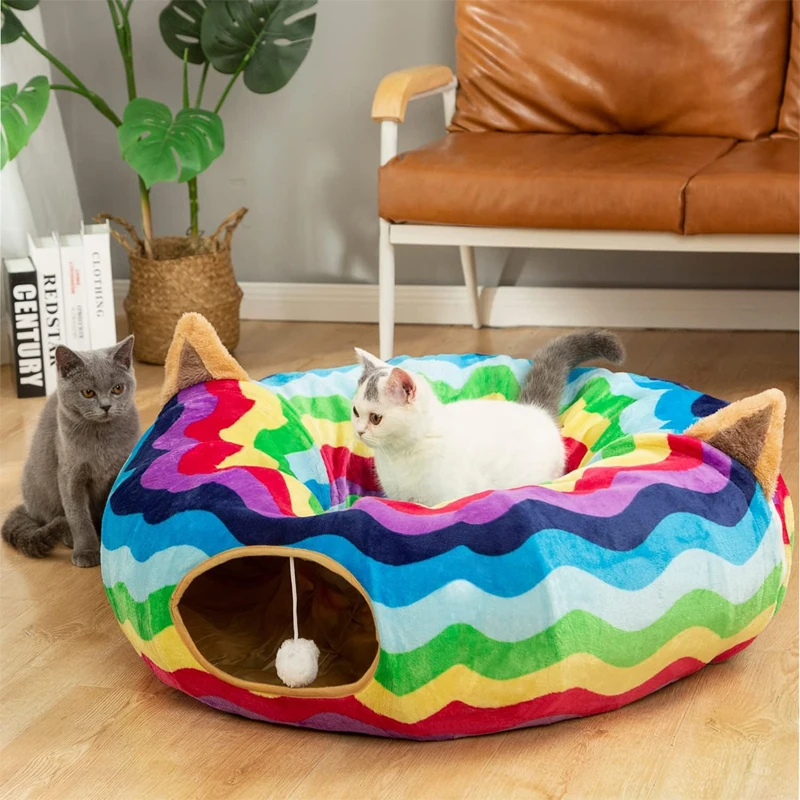 New fashion designed good quality Rainbow colors breathable durable donut cat tunnel bed