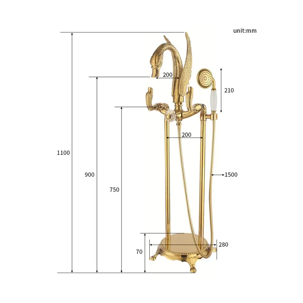 Single-Handle Modern Golden Swan Freestanding Bath Shower Faucet Brass Ceramic Mixer Taps with Rain Spray Pattern for Hotels
