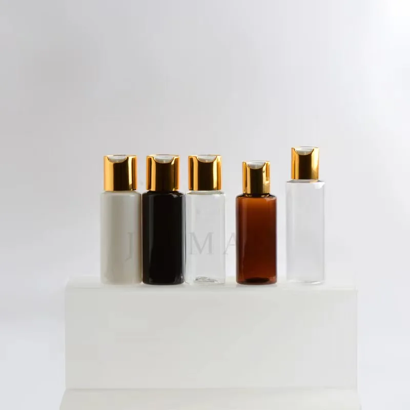60ML PET Plastic Amber Clear Bottle with Disc Top Caps Cosmetic Shampoo Cream Packaging Gold Silver Disc Top Lids Container