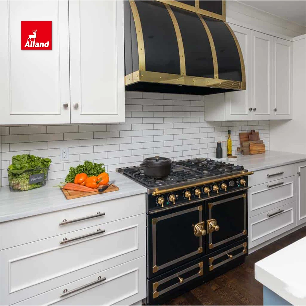 AllandCabinet Customized White Painted Nature Wood Beaded Kitchen Cabinet with Shaker Style and Island Range Hood Farmhouse Sink