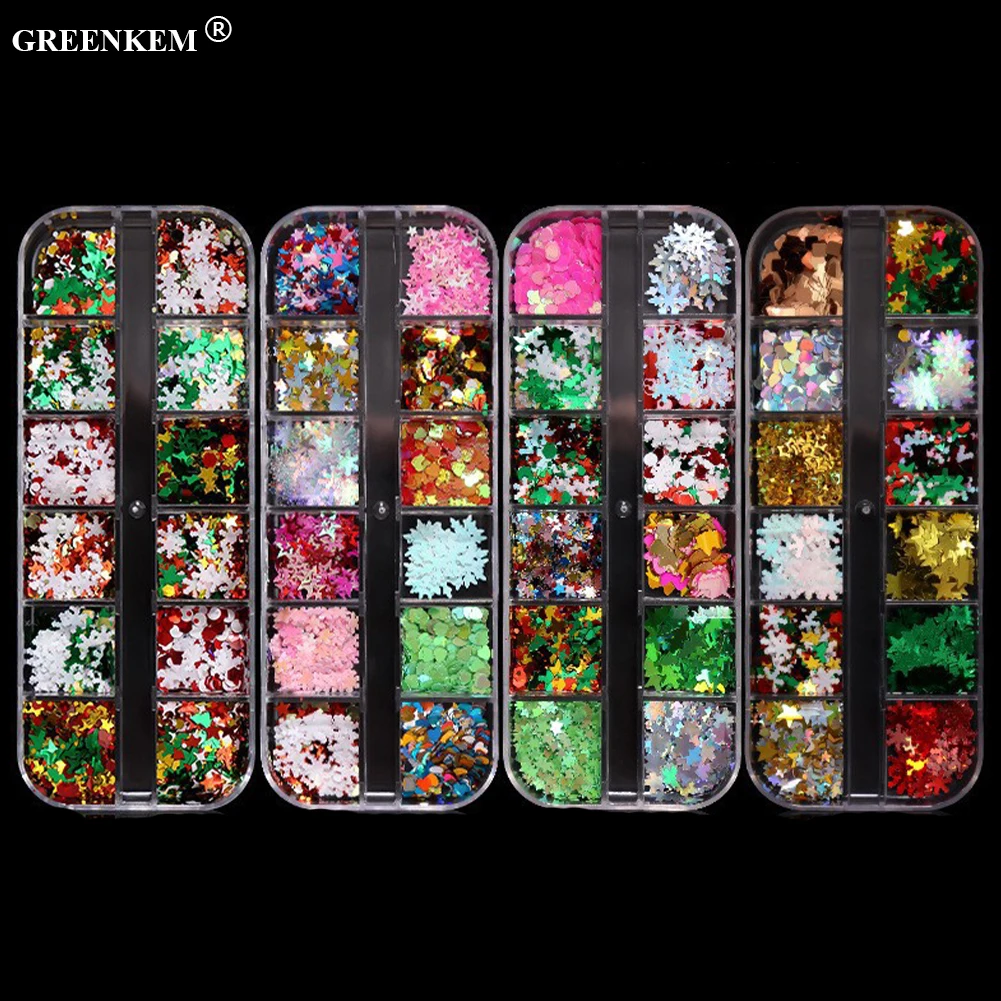 Wholesale Christmas 12 Grids/box Sequins Mixed Color Sparkle Nail Glitter Winter Snowflake Nail Art Sequins Decoration