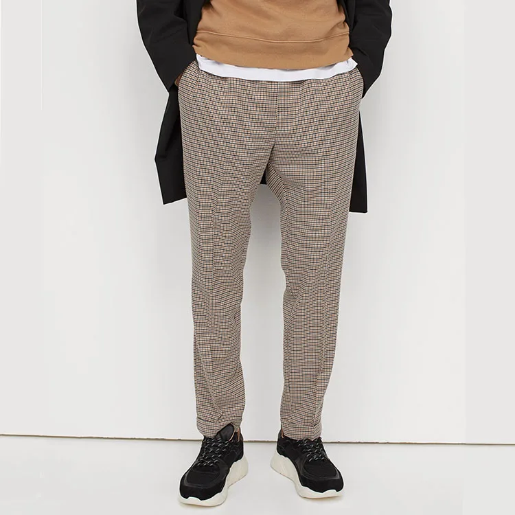 Latest Style Outwear Cotton Elastic Waist Fashionable Plaid Pants Classic Men Daily Life Tight Bottom Trousers With Drawstring