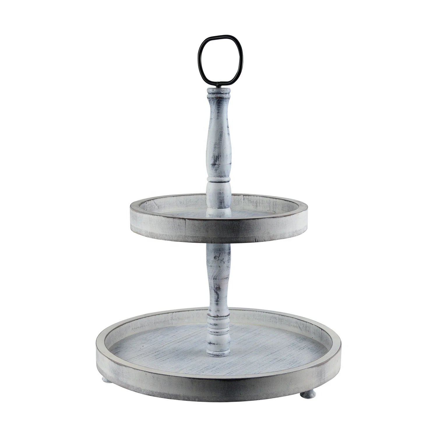 Distressed Farmhouse decor Home Goods Large Metal Handle White Round Wood 2 Tiered Tray