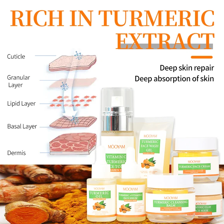 Private Label Skincare Sets Turmeric Organic Acne Treatment Facial Kit Brightening Anti Wrinkle Vitamin C Turmeric Skin Care Set