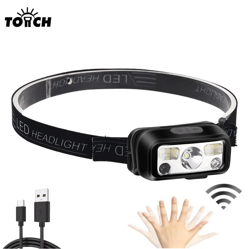 Outdoor Type-C Rechargeable Zoom Led Headlamp Motion Sensor LED Headlight light weight headlamp For Hunting Fishing