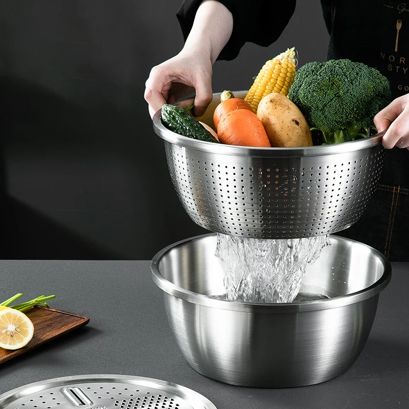 Customized 3 In 1 Food Grater Rice Sieve Vegetable Grater Slicing Basin Washing Colander Grater Stainless steel Mixing Bowls
