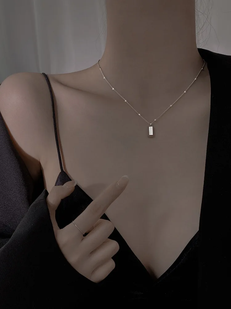 Rectangle gold bar necklace in 2022 new female sterling silver necklace female high design sense niche clavicle chain female