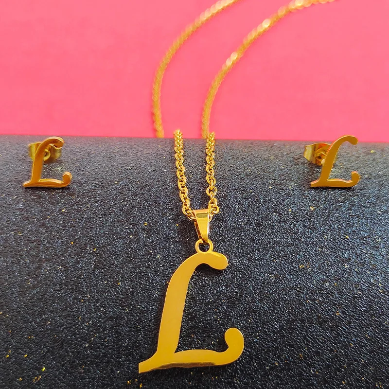 FanYue wholesale letter P initial 18K gold stainless steel golden jewelry set