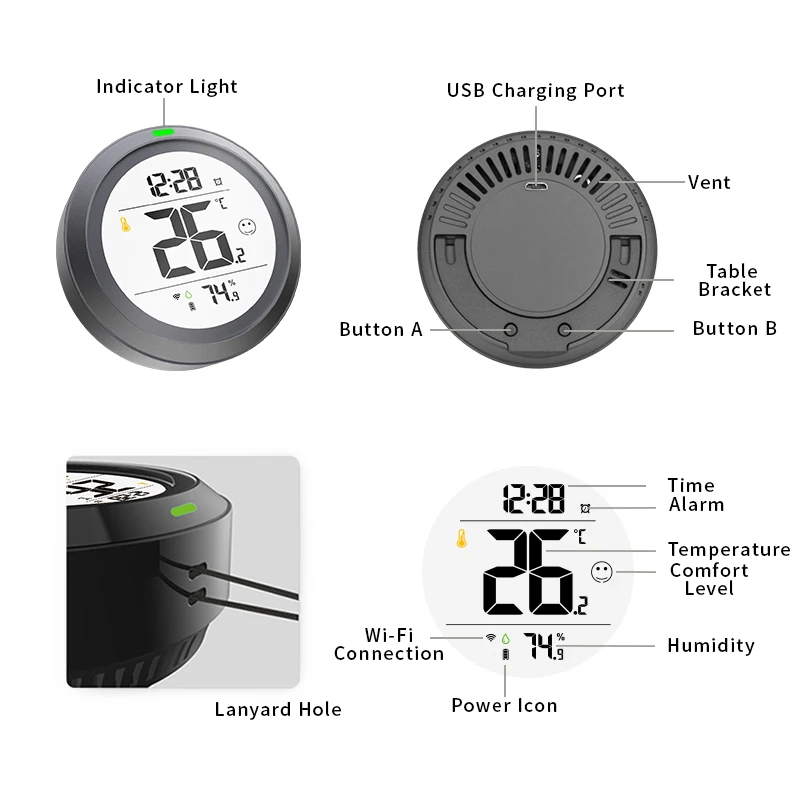 PT19DW High Sensitive Dark Grey with WIFI Temp- humidity monition for home Digital Thermometer