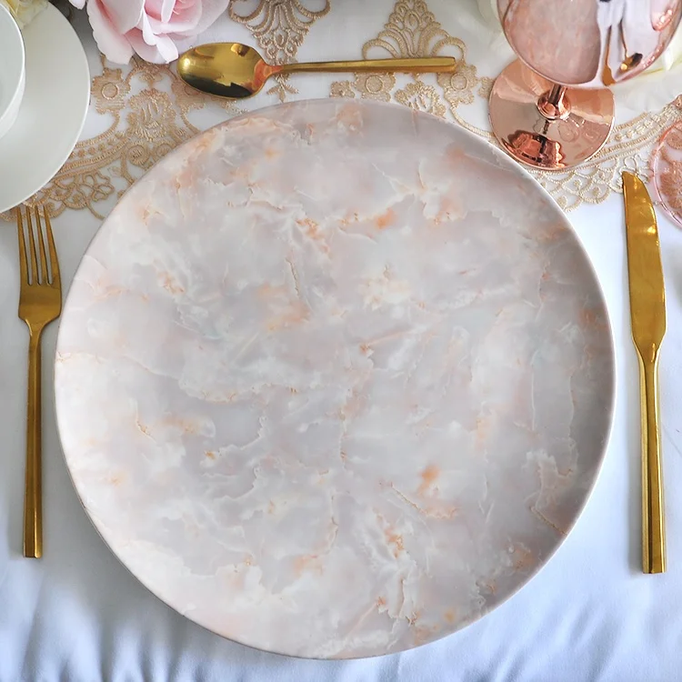 Custom luxury Pink marble dinnerware fancy decorative ceramic charger plate with gold rim
