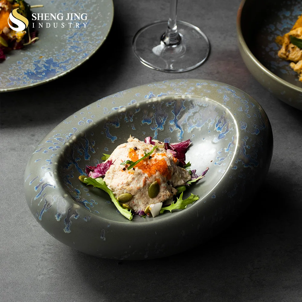 Shengjing Vintage Kiln Grey Speckled Ceramic Plate Set Dinnerware Restaurant Hotel Custom Irregular Crockery Porcelain Tableware