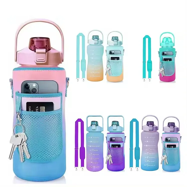 2L Portable Handfree Tritan Neoprene Bottle Motivational Time Marker Jug Fitness Gym Sport Water Bottle Bag with Strap