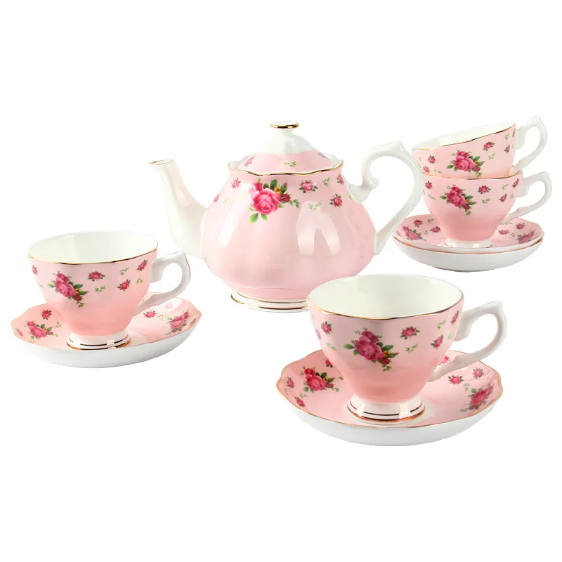 English Style Bonechina Red Rose Design 1000ml Family Coffee Tea Pot and Cup Set