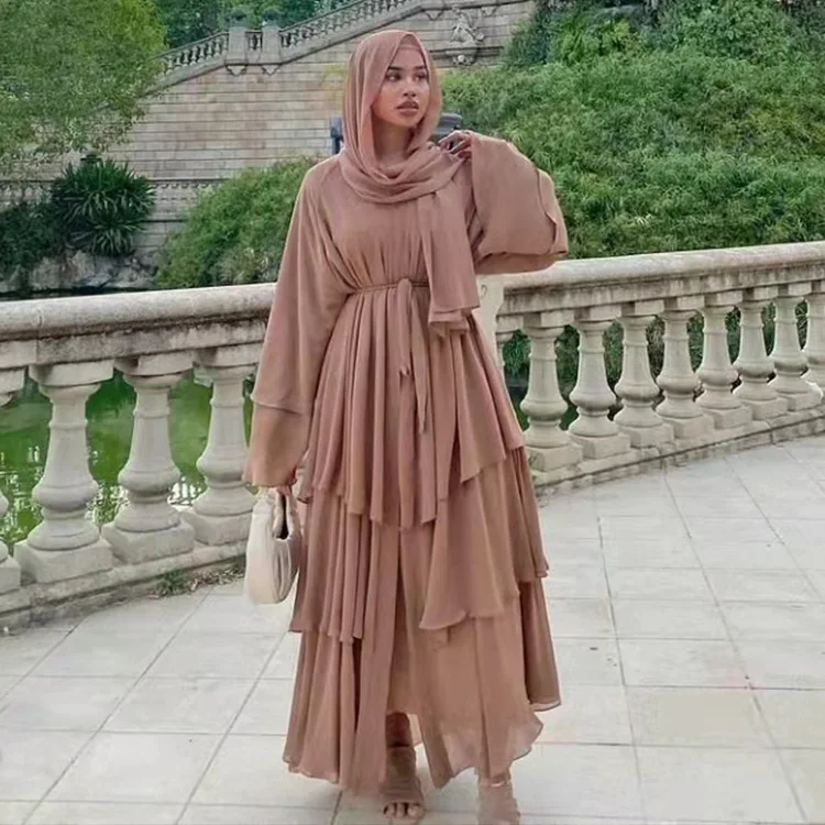 New Dubai Turkey Chiffon Kimono Long Maxi Robe For Women Plain Color 3 Layers Open Islamic Clothing Dress Muslim Abaya Kaftan