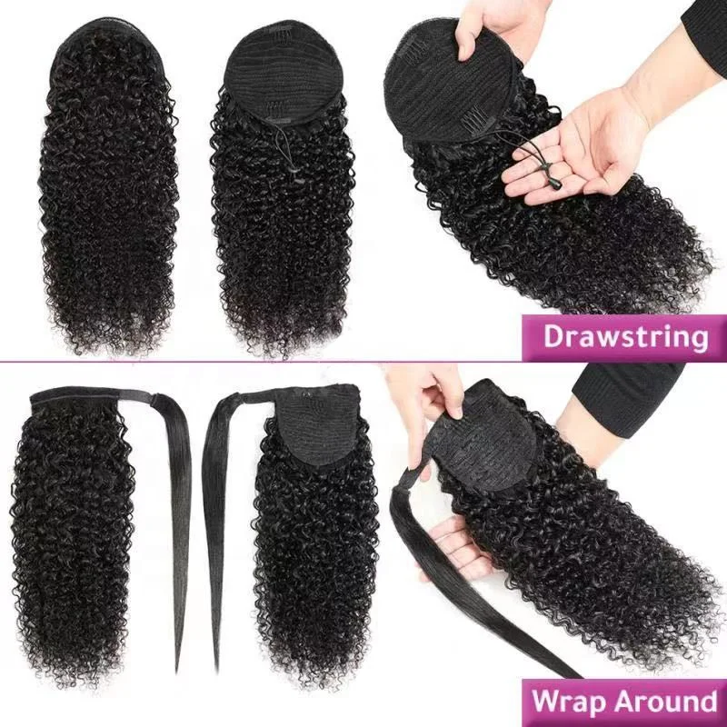 Grade 10A Water Wave Drawstring Ponytail Human Hair Brazilian With Afro Clip In Extensions 2 Combs Remy Natural Wavy Ponytail