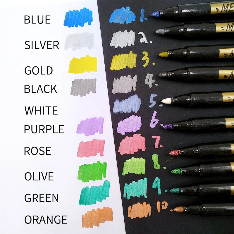 10 Colour Pack Metallic Marker Pens Set Permanent Cotton Core Glitter Marker Diy Painting and Drawing Water Baased