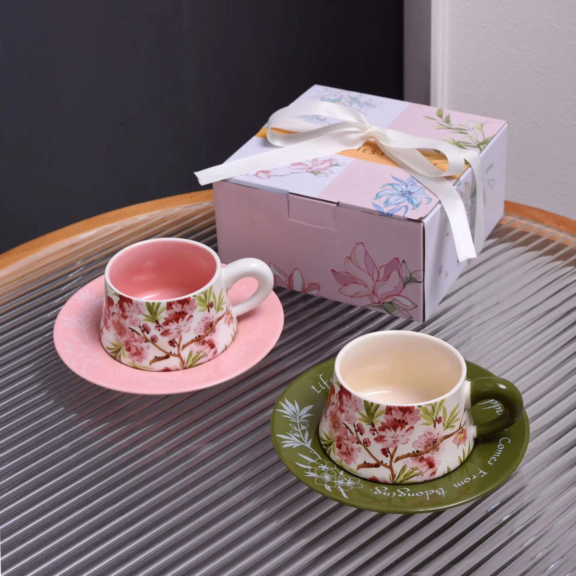 Hot Selling French Retro Oil Painting Jasmine Peach Flowers Milk Coffee Ceramic Cup Plate Set