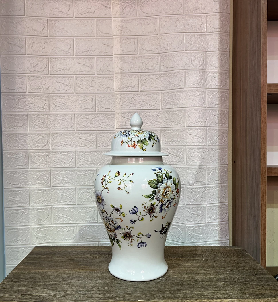 2024 popular Chinese traditional white ceramic ginger jar with Butterfly and flower pattern with Exquisite lids for home decor