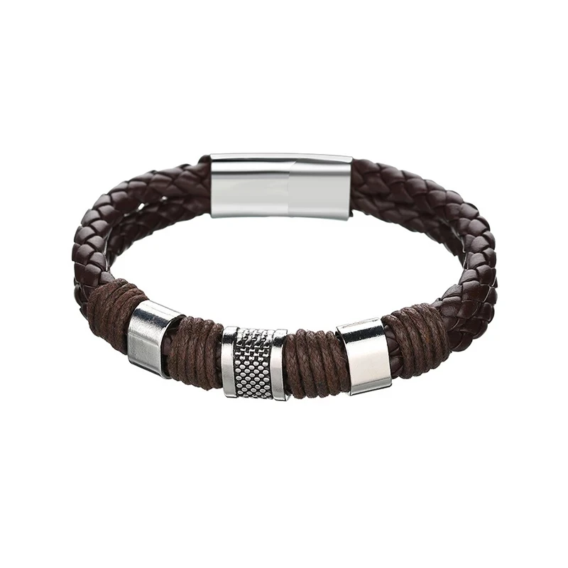 
New Punk Black Brown Braid Leather Bracelets Men Cool Stainless Steel Bracelets 