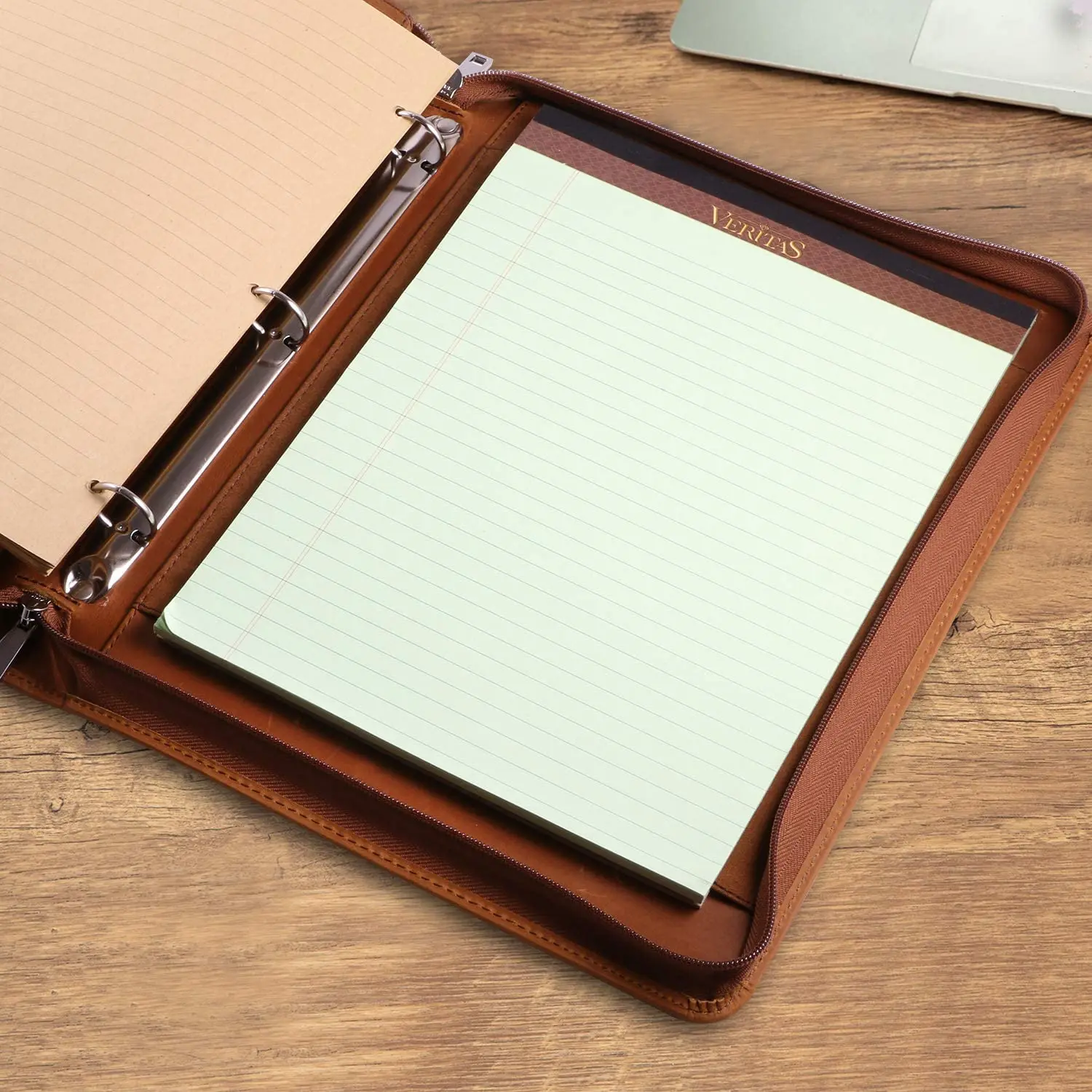 Professional Leather Business Padfolio Portfolio Case, 3 Ring Binder,Zippered Business Document Organizer Tablet Holder Folder C