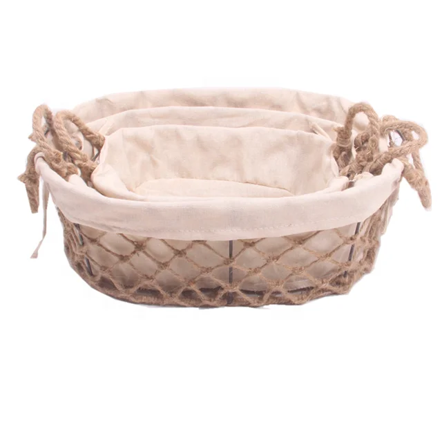 
cheap power coated wholesale oval small bread wire baskets fruit basket with fabric liner set of 3 