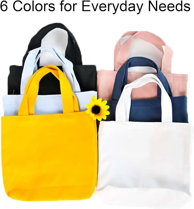 Pamela Small Canvas Tote Bags 9x8x4inch Reusable Cotton Shopping Bags Bulk DIY Mini Tote Grocey Gift Bag