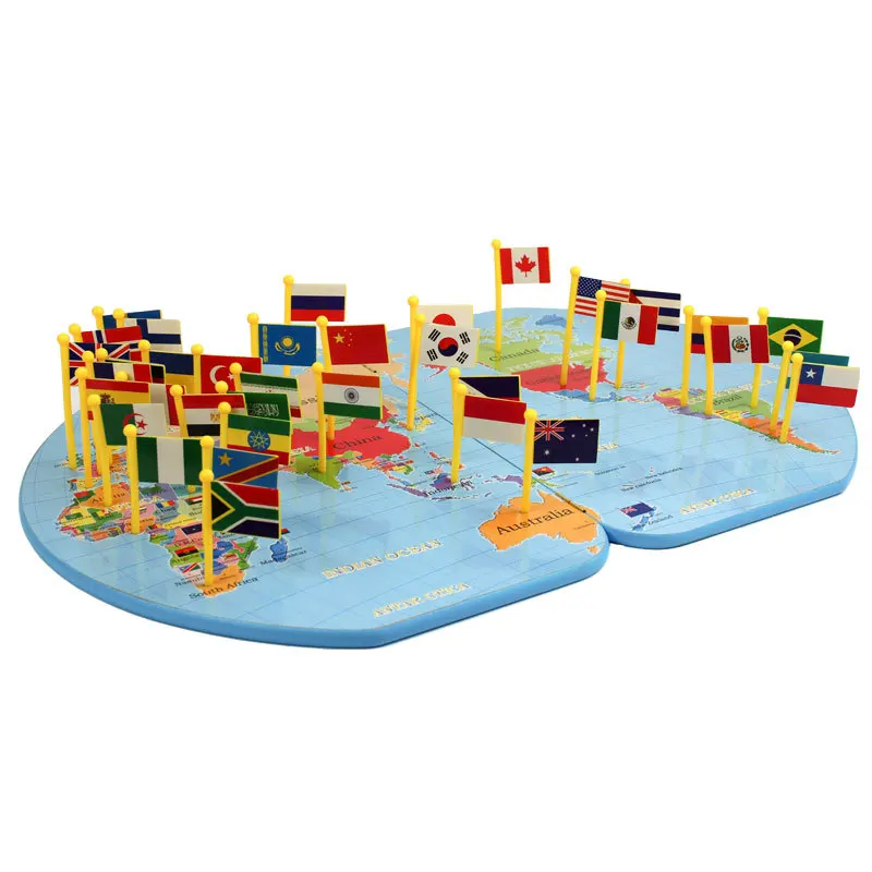 Wooden World Global Flag Map Montessori Materials Puzzles Kids Educational Toys