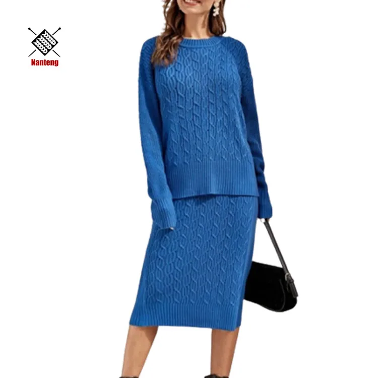 
High Quality Drop Shoulder Cable Knit Womens Winter Cozy Knitwear Dress Sweater 2 Piece Set 