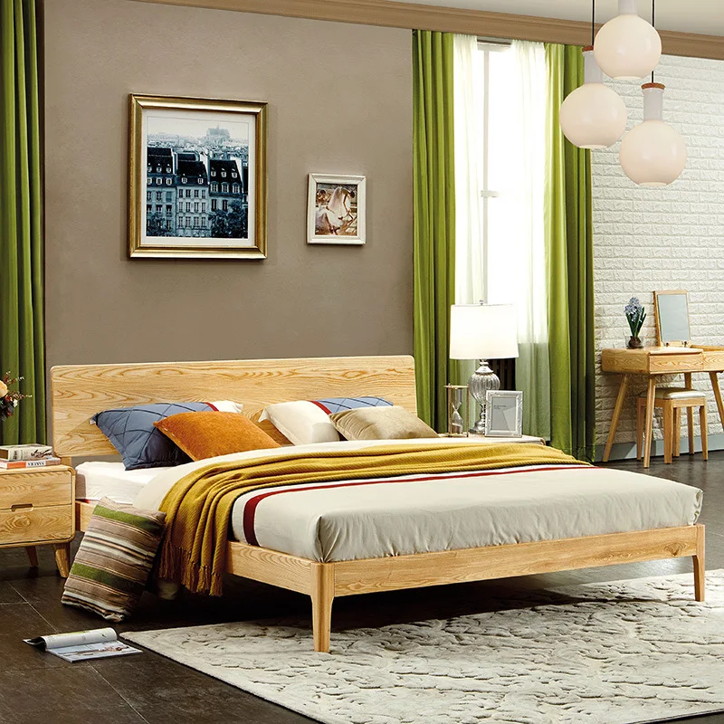 Japanese cherry wood bedroom home pure solid wood double bed Nordic style natural wood color 1.6, 1.9 meter wedding bed