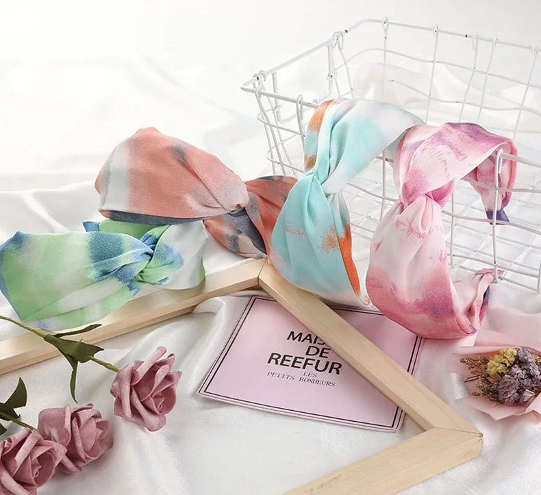 GEERDENG New Design Tie Dyed Satin Fabric Cross Knot Hairband Women Favorite Hair Trendy Chiffon Silk Headbands for Online Shops