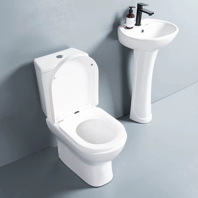 Customized Ceramic Floor Stand Toilet Sets Bathroom Washdown Two Piece WC Toilet With Pedestal Basins Sink
