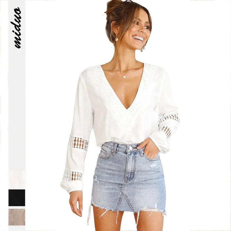 Fall Trendy Leisure Wear Clothing Ladies Shirt Sexy V Neck Hollow Out Wholesale Tops Long Sleeve White Blouse For Women