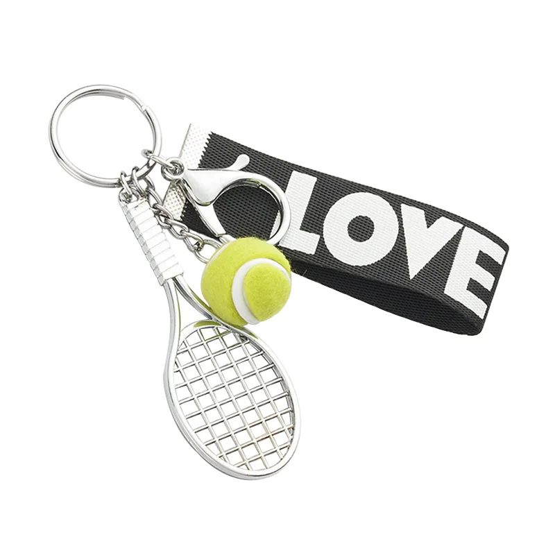Fashion mini tennis racket key chain tennis ball pendent key ring ribbon lanyard letter