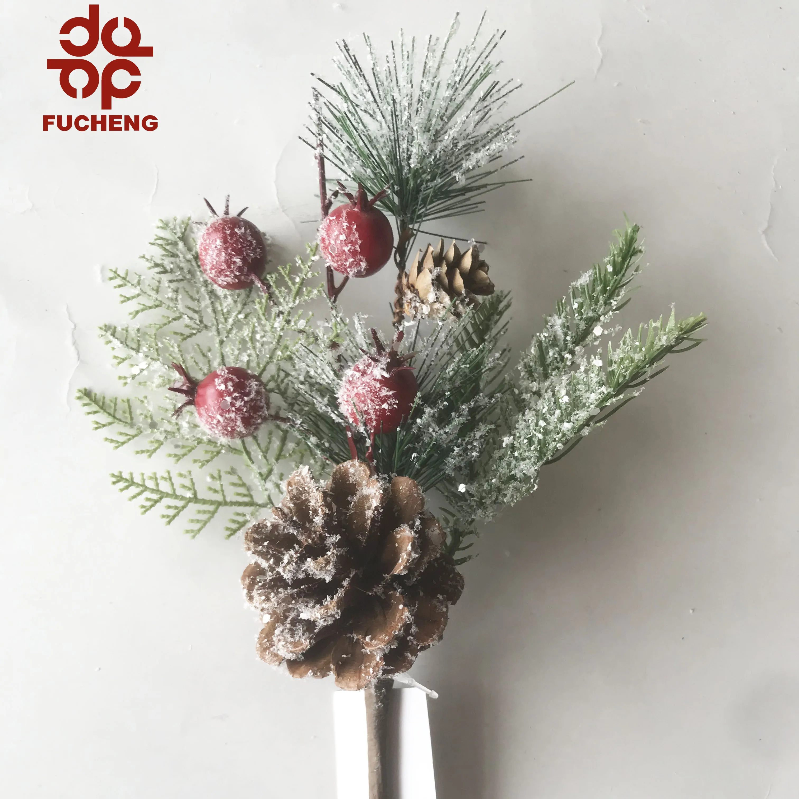 
Hot Selling Artificial Christmas Flower with pine nuts poinsettia berry pine branch with snow for flores de navidad decor 