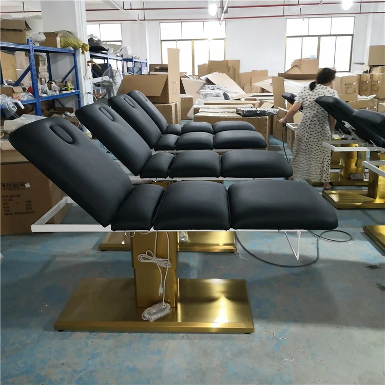 Kisen saloon equipments beauty salon furniture 3 motors massage spa tables hydraulic black electric facial bed with golden base